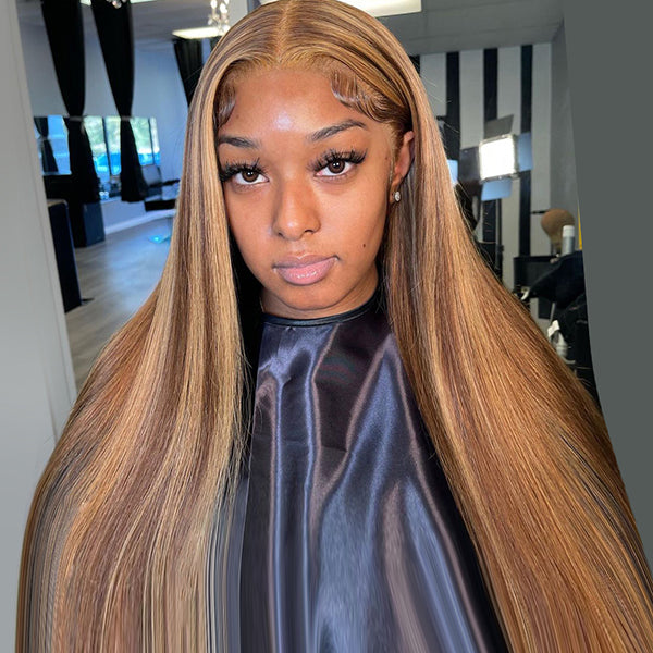 Pre-Everything | Invisible Knots Highlight Brown Straight Hair Wig Pre Cut Wigs 13x6 Glueless Lace Frontal Wig