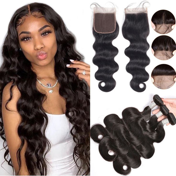 Body Wave Virgin Human Hair 3 Bundles With 4x4/5x5 Closure Natural Black