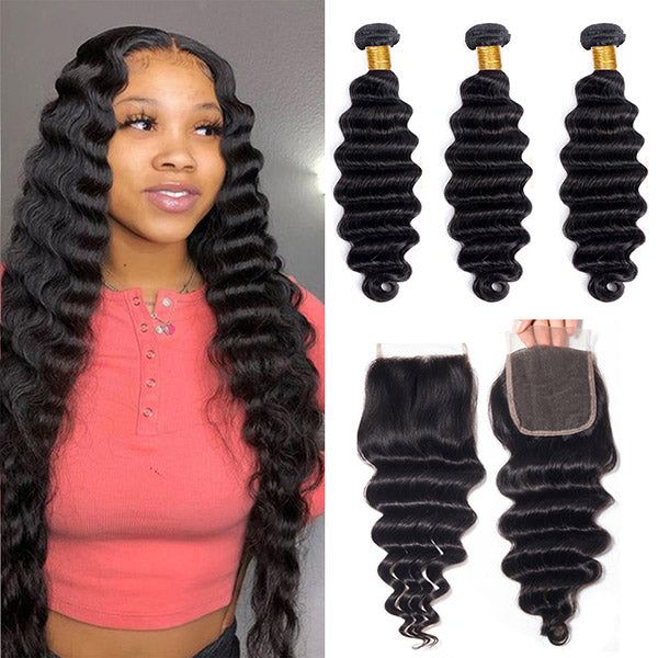 Loose Deep Virgin Human Hair 3 Bundles With 4x4/5x5 Closure Natural Black