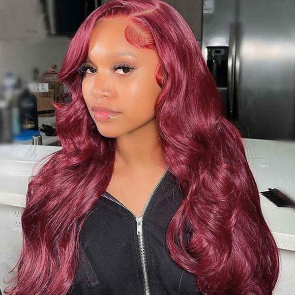 CurlyMe 99J Burgundy Color Body Wave Hair 13x4 Lace Front Wigs Pre Plucked Hairline