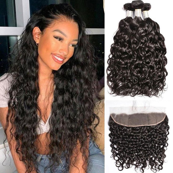 Natural Wave Virgin Human Hair 3 Bundles With 13x4 Frontal Natural Black