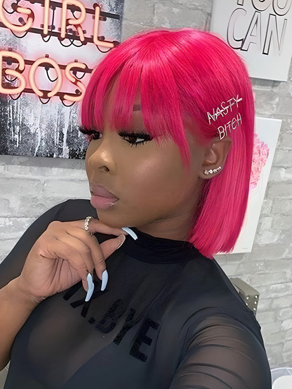 Short Cut Straight Pink Hair No Lace Bob Wigs With Bangs