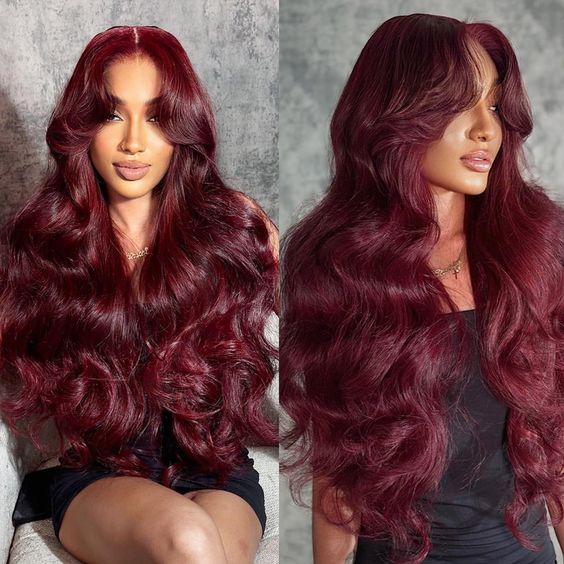 99J Burgundy Curtain Bangs Wigs Body Wave 7x6/13x4 HD Lace Glueless Wigs