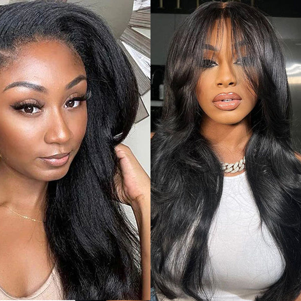 2Wigs $189 | 7x6 Straight Curtain Bangs Wigs & 7x6 4C Kinky Straight Edge Lace Wig Flash Sale