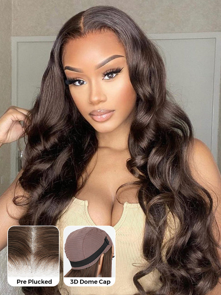 CurlyMe #4 Chocolate Brown Pre Cut Glueless Lace Body Wave Wear Go Wig Unice