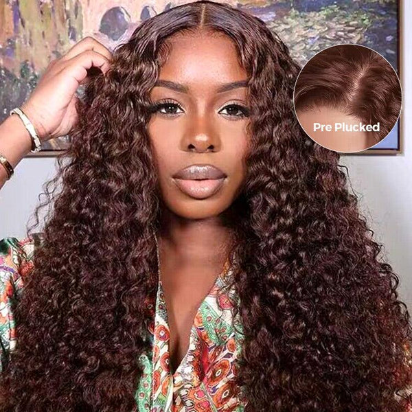 CurlyMe #4 Chocolate Brown Pre Cut Glueless Lace Water Wave Wear Go Wig