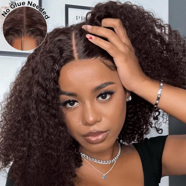 HERLIZIA #4 Chocolate Brown Pre Cut 13x4 Glueless Lace Kinky Curly Wear Go Wig