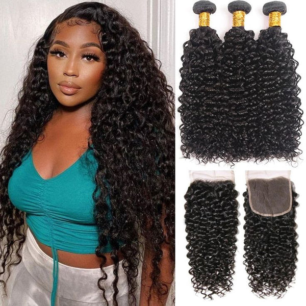 Kinky Curly Virgin Human Hair 3 Bundles With 4x4/5x5 Closure Natural Black