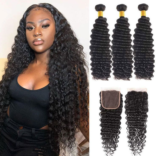 Deep Wave Virgin Human Hair 3 Bundles With 4x4/5x5 Lace Closure Natural Black