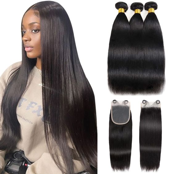 Straight Virgin Human Hair 3 Bundles With 4x4/5x5 Closure Natural Black