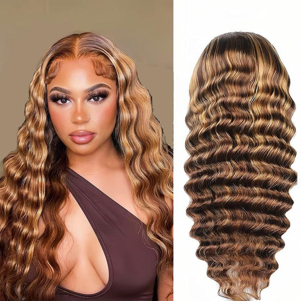 Deep Wave Highlights Ombre Wigs Transparent Lace Wigs Pre Plucked