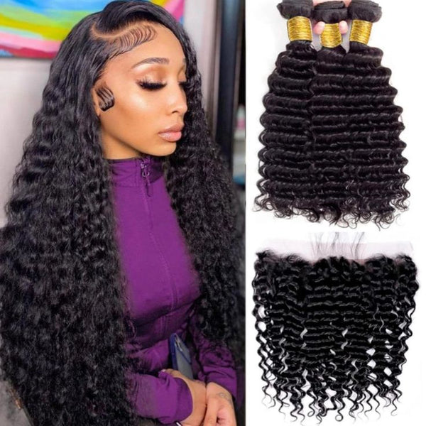 Deep Wave Human Hair 3 Bundles With 13x4 Lace Frontal Natural Black