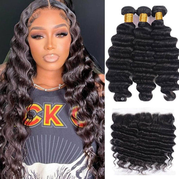 Loose Deep Wave Human Hair 3 Bundles With 13x4 Frontal Natural Black