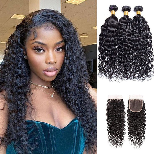 Water Wave Virgin Human Hair 3 Bundles With 4x4/5x5 Closure Natural Black