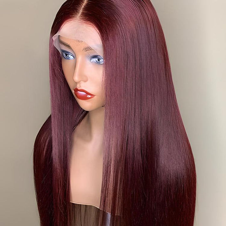 CurlyMe 99J Burgundy Color Straight Hair 13x4 Lace Front Wigs Easy Bleached Lace Wigs