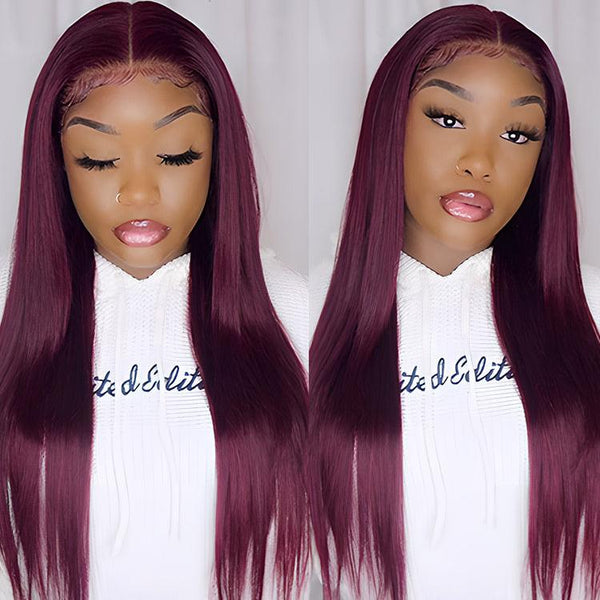 CurlyMe 99J Burgundy Color Straight Hair 13x4 Lace Front Wigs Easy Bleached Lace Wigs