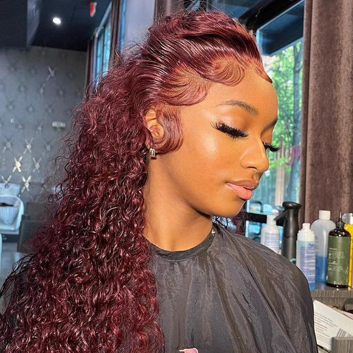 CurlyMe 99J Burgundy Color Water Wave Hair 13x4 Lace Front Wigs With Baby Hair