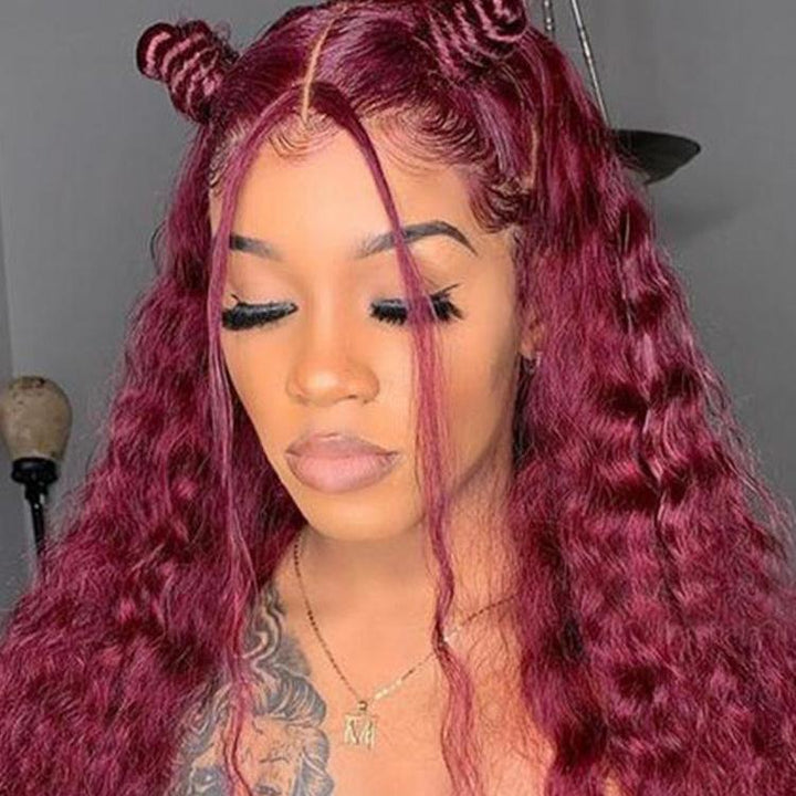 CurlyMe 99J Burgundy Color Water Wave Hair 13x4 Lace Front Wigs With Baby Hair