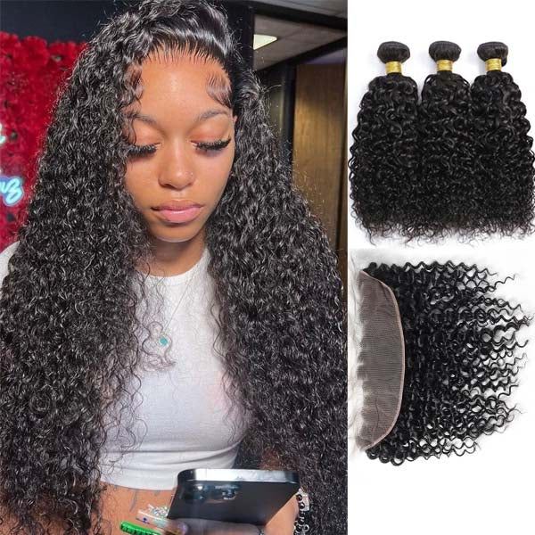 Kinky Curly Virgin Human Hair 3 Bundles With 13x4 Frontal Natural Black