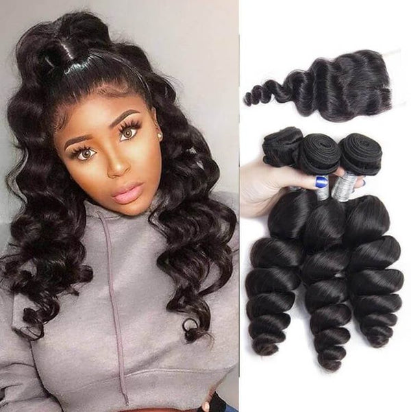 Loose Wave Virgin Human Hair 3 Bundles With 4x4/5x5 Closure Natural Black