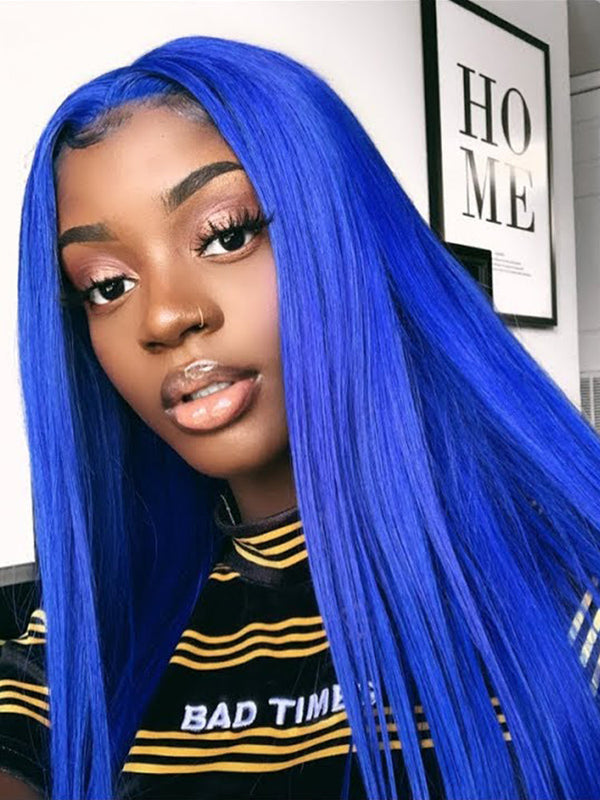 Blue Colour Hair Lace Front Wigs Pre Plucked Straight Human Hair