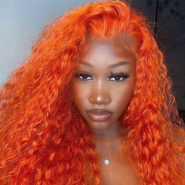 Bright Orange Water Wave Hair 13x4 Lace Front Wigs Pre Plucked