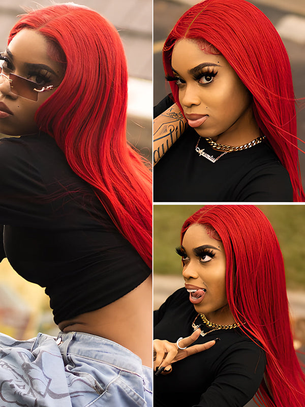 Bright Red Colored Straight Hair Lace Front Wigs Pre Plucked Hairline