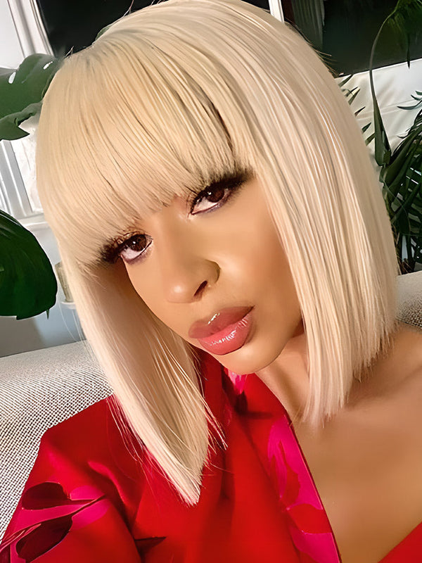 HERLIZIA 613 Blonde Bob Wig With Bangs Straight No Lace Human Hair Wigs