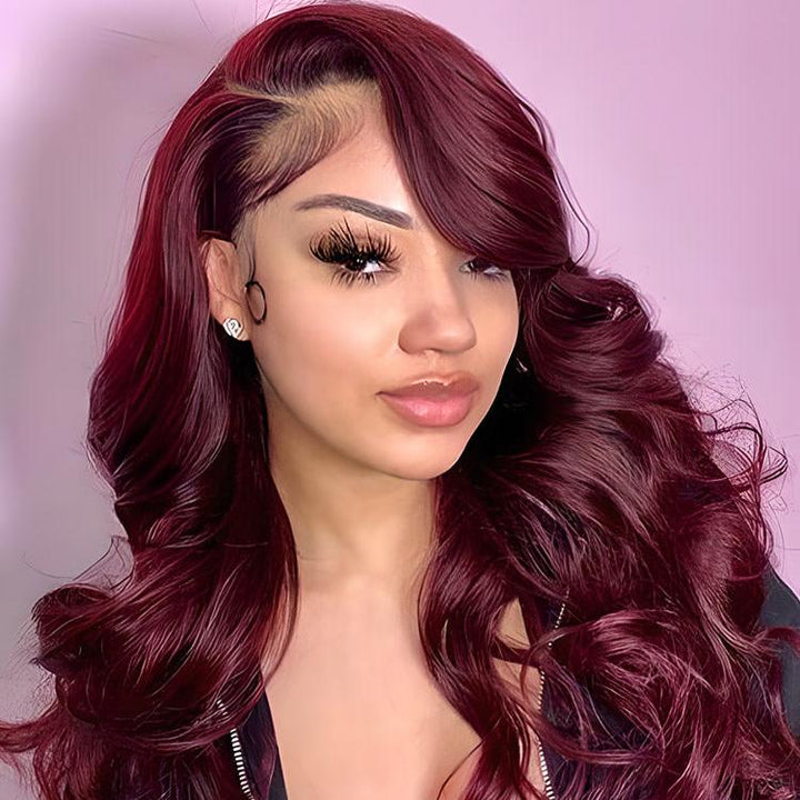 CurlyMe 99J Burgundy Color Body Wave Hair 13x4 Lace Front Wigs Pre Plucked Hairline