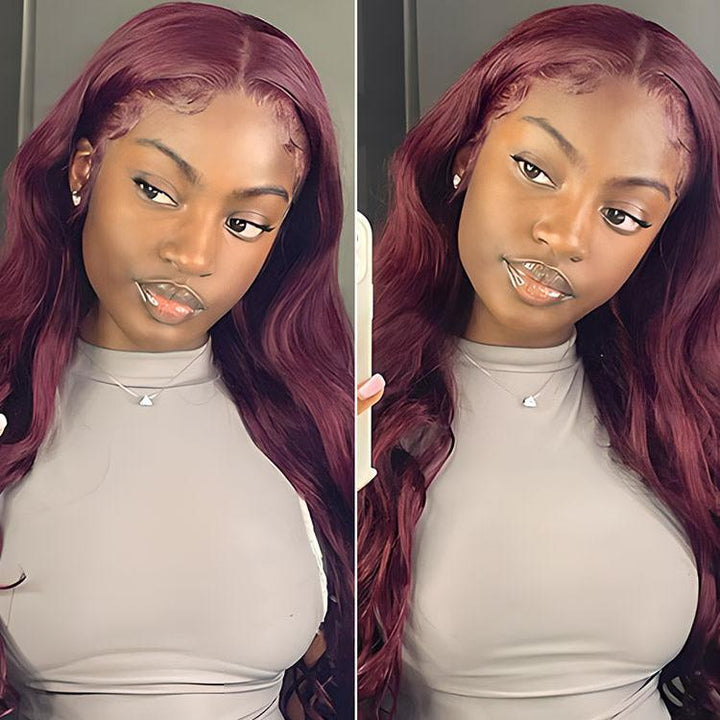 CurlyMe 99J Burgundy Color Body Wave Hair 13x4 Lace Front Wigs Pre Plucked Hairline