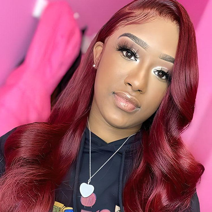 CurlyMe 99J Burgundy Color Body Wave Hair 13x4 Lace Front Wigs Pre Plucked Hairline