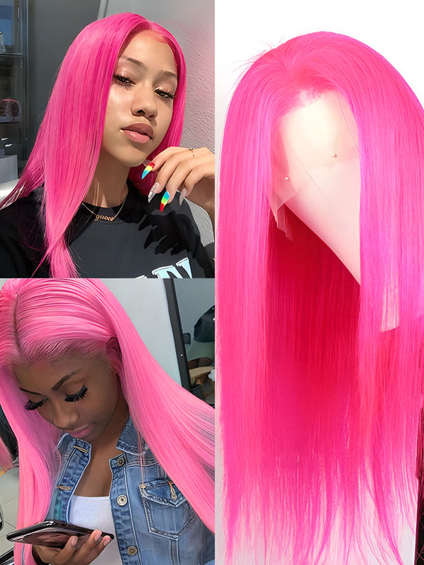 Hot Pink Colored Straight Human Hair 13x4 Lace Front Wigs Pre Plucked Hairline