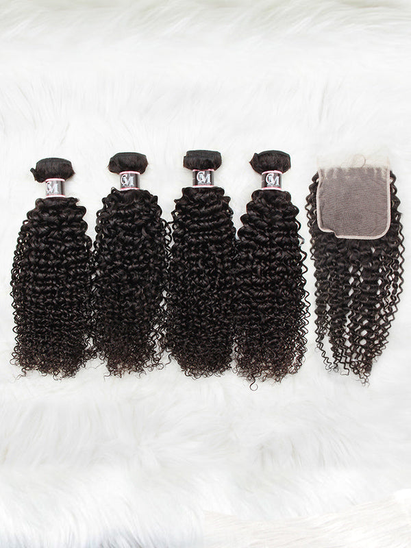 Kinky Curly Virgin Human Hair 4 Bundles with 4x4/5x5 Closure Natural Black