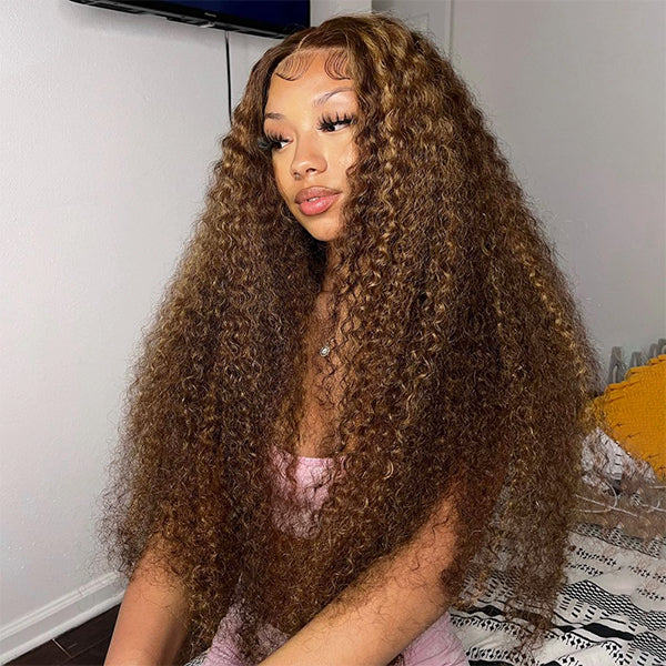 Pre-Everything | Invisible Knots Balayage Highlight Wigs Kinky Curly 13x6 Glueless Lace Front Wigs Pre Plucked Pre Cut Wigs