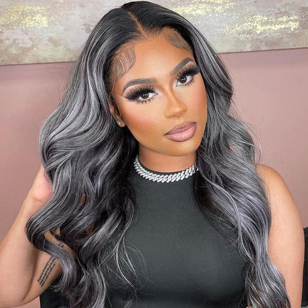 Platinum Gray and Black Straight Ombre Highlights Hair 13x4 Lace Front Wigs