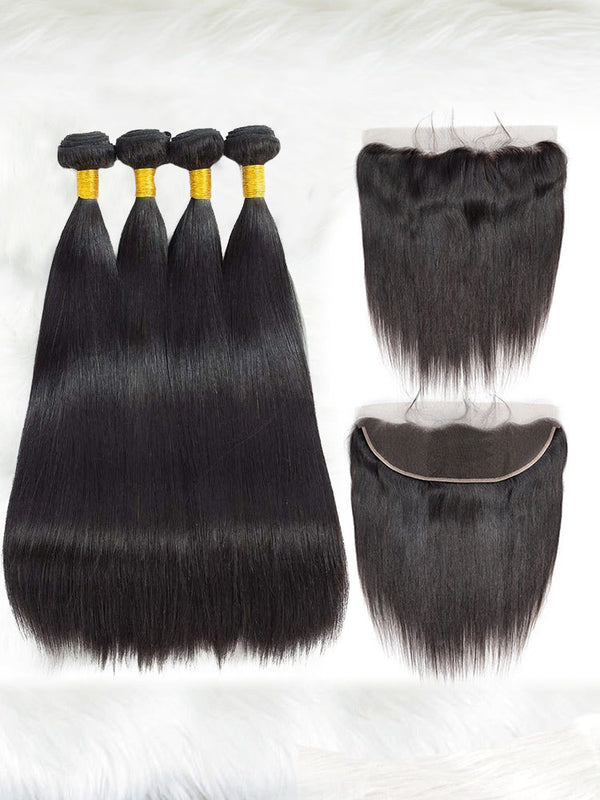 Straight Virgin Human Hair 4 Bundles with 13x4 Frontal Natural Black