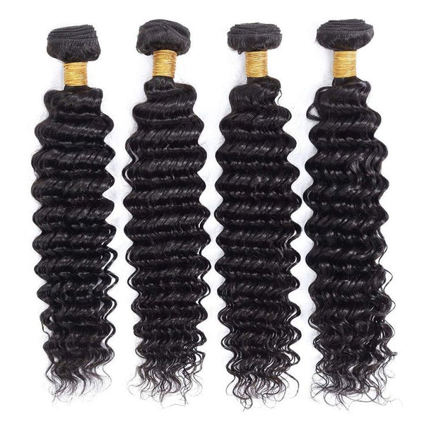 Deep Wave Human Hair 4 Bundles with 13x4 Lace Frontal Natural Black