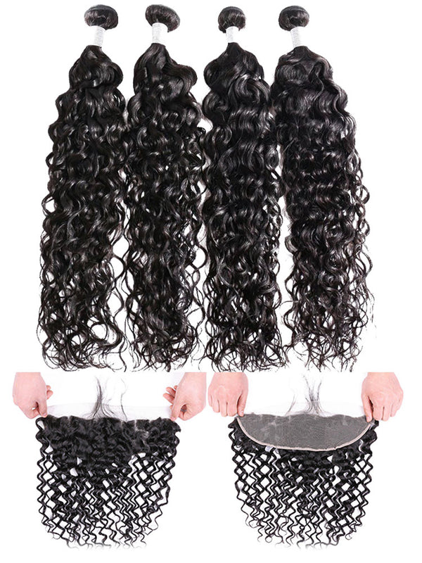 Water Wave Virgin Human Hair 4 Bundles with 13x4 Frontal Natural Black