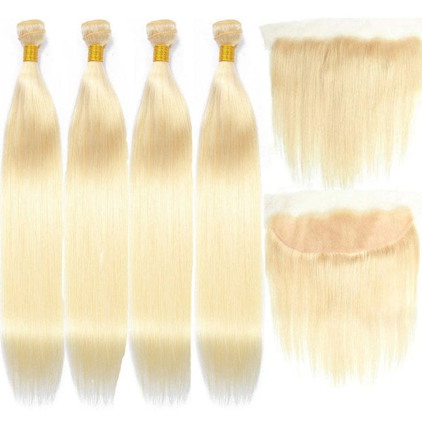 HERLIZIA 613 Blonde Straight Human Hair 4 Bundles with 13x4 Lace Frontal