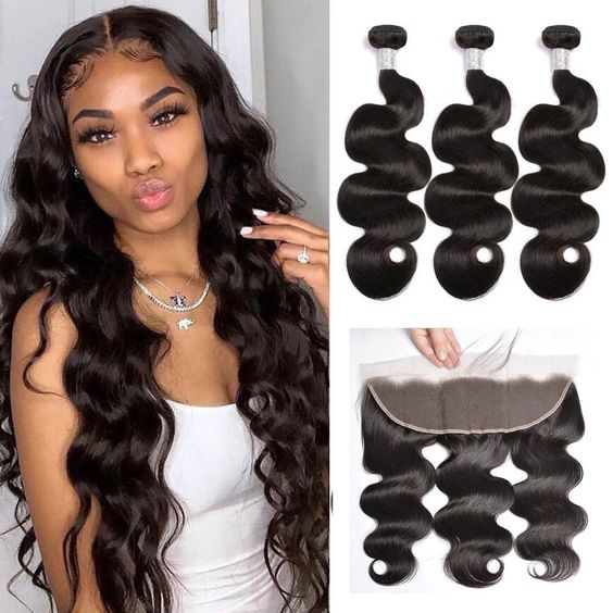 Body Wave Virgin Human Hair 3 Bundles With 13x4 Frontal Natural Black