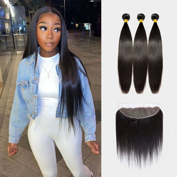 Straight Virgin Human Hair 3 Bundles With 13x4 Frontal Natural Black