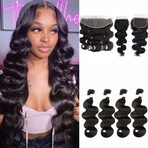 Body Wave Virgin Human Hair 4 Bundles with 13x4 Lace Frontal Natural Black