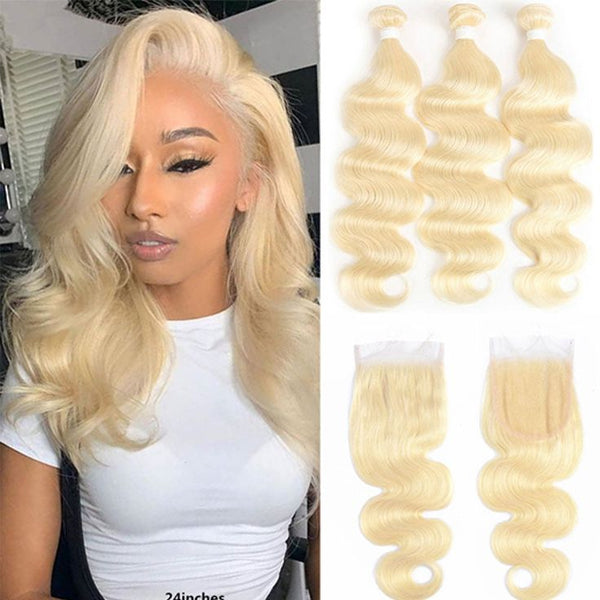 HERLIZIA 613 Blonde Virgin Human Hair Body Wave 3 Bundles With 4x4 Closure