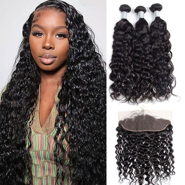 Water Wave Virgin Human Hair 3 Bundles With 13x4 Frontal Natural Black