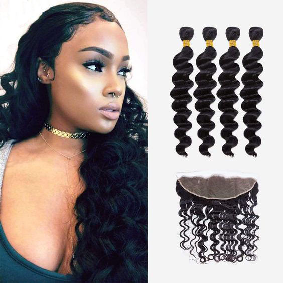 Loose Deep Virgin Human Hair 4 Bundles with 13x4 Frontal Natural Black