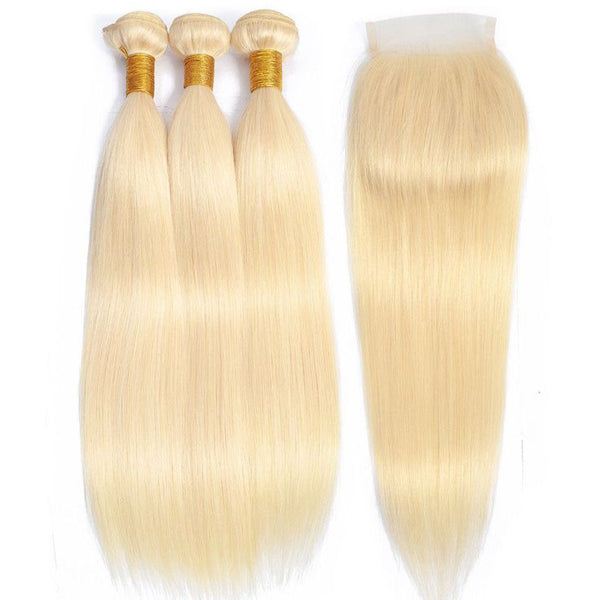 HERLIZIA 613 Blonde Straight Human Hair 3 Bundles With 4x4 Lace Closure