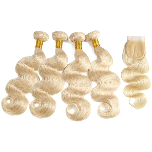 HERLIZIA 613 Blonde Human Hair Body Wave 4 Bundles with 4x4 Closure