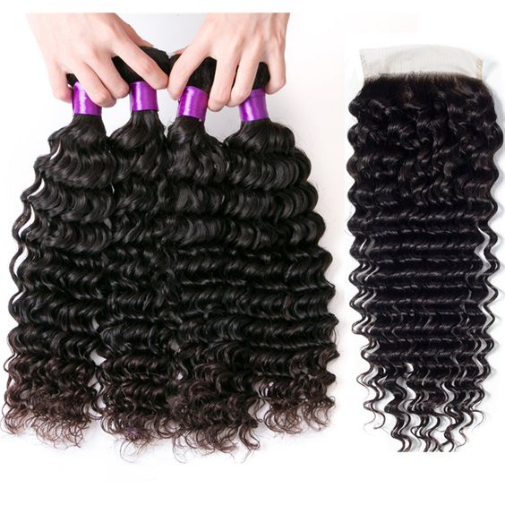 Loose Deep Virgin Human Hair 4 Bundles with 4x4/5x5 Closure Natural Black