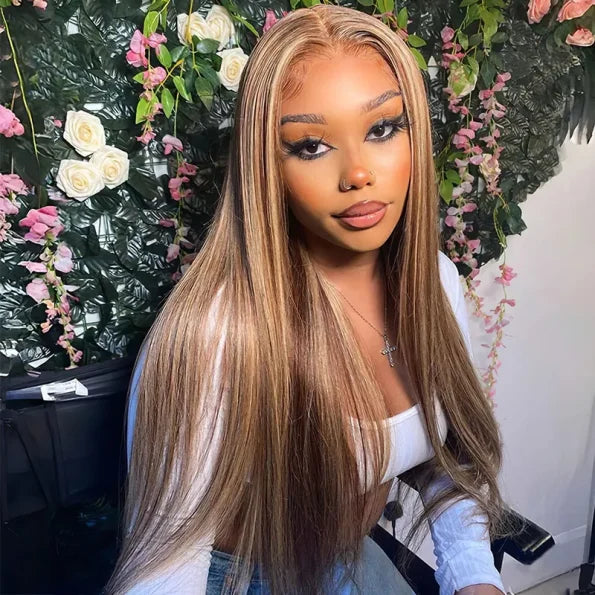 Pre-Everything | Invisible Knots Highlight Brown Straight Hair Wig Pre Cut Wigs 13x6 Glueless Lace Frontal Wig