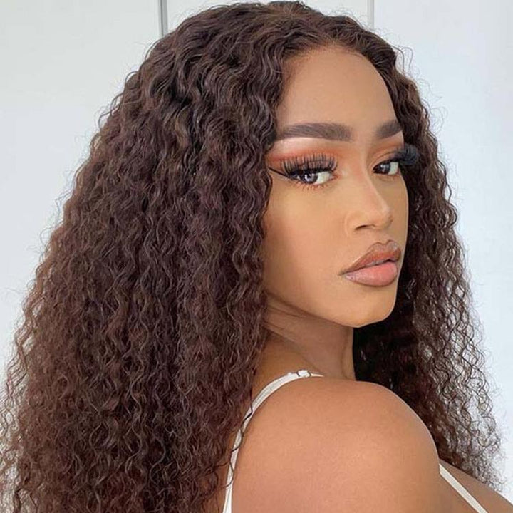 #4 Chocolate Brown Pre Cut Glueless Lace Kinky Curly Wear Go Wig - CurlyMe Hair